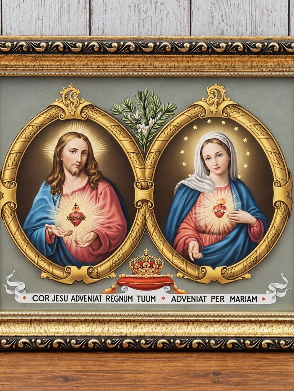 Sacred Heart of Jesus Immaculate Heart Mary Framed Catholic Art Latin 8x10